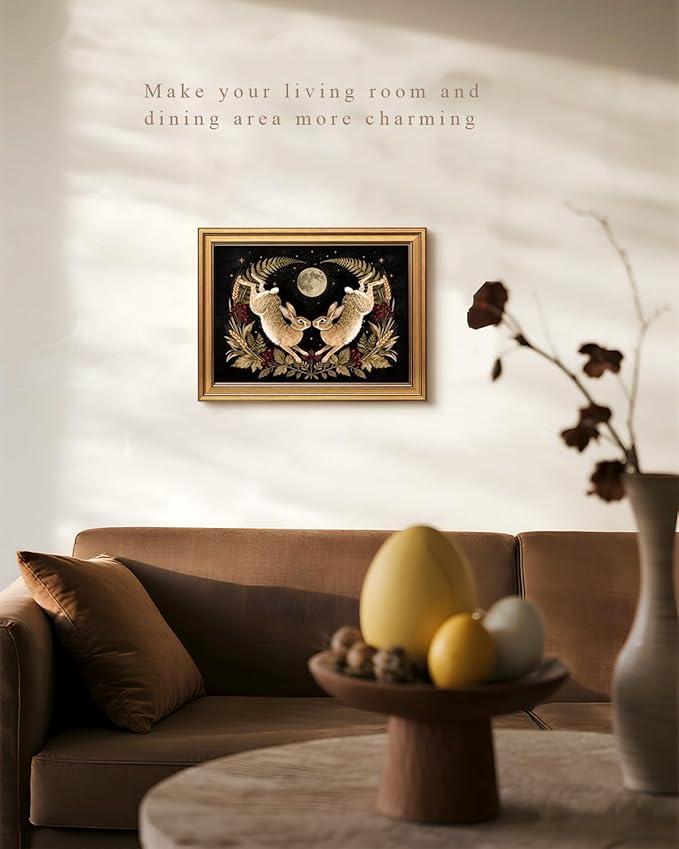 VIYYIEA Vintage Gold Framed Wall Art for Living Room, Easter Canvas Prints Home Decor, Spring Painting Picture, Bedroom Wall Decor Gifts for Friends or Family -【Moonward Hares】-(16L x 12W)