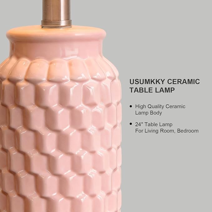 USumkky 24" Modern Ceramic Pink Bedside Lamp Set of 2 Table Lamp for Bedroom Decor Farmhouse Table Lamp for Living Room Office Dorm