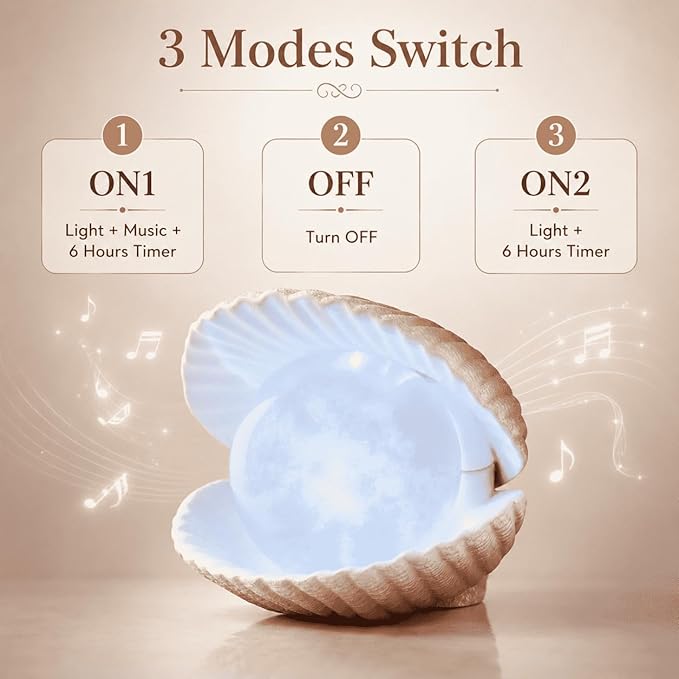 Seashell Pearl Night Light Ocean Sea Shell Snow Globe with Music and 6H Timer, USB & Battery Powered, Decorative Shell Night Light for Adult Kid Bedroom Living Room Coastal Decor Ideal Gift (Seashell)