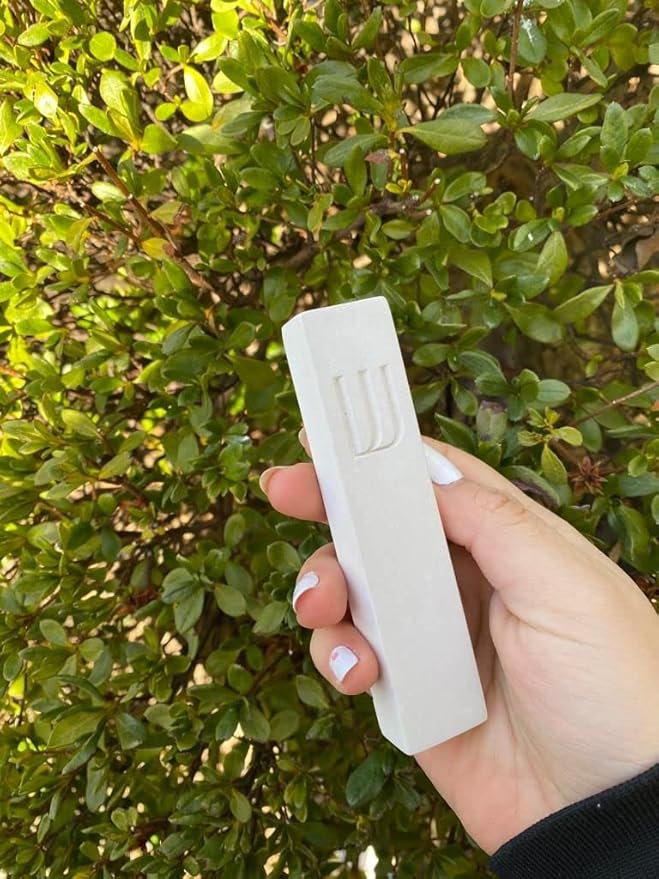 A&S Mezuzot Modern Concrete Mezuzah Case with Scroll, Easy Peel and Stick Mezuza (Ivory+ Gold Shin, 5 Inches)