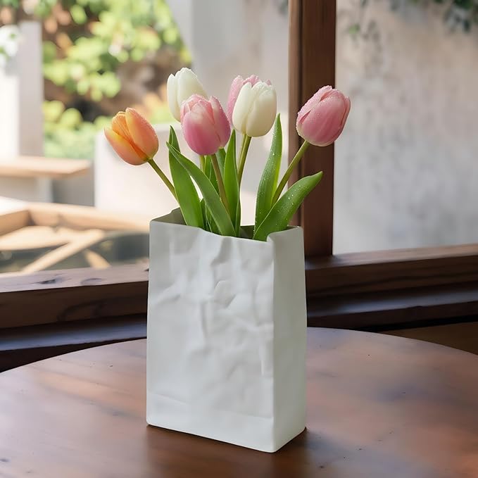 Crinkle Paper Bag Ceramic Vase, 7.8 Inch Square Wide Mouth Pleated Planter, Unique White Matte Vase, Minimalist Boho Pot for Flower Arrangement Table Centerpiece Home Office Bookshelf Decor