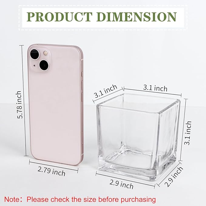 Set of 6 Square Glass Vases 3" x3" x 3", Clear Flower Vases for Centerpieces, Candle Holder for Wedding Party Events, Home Décor