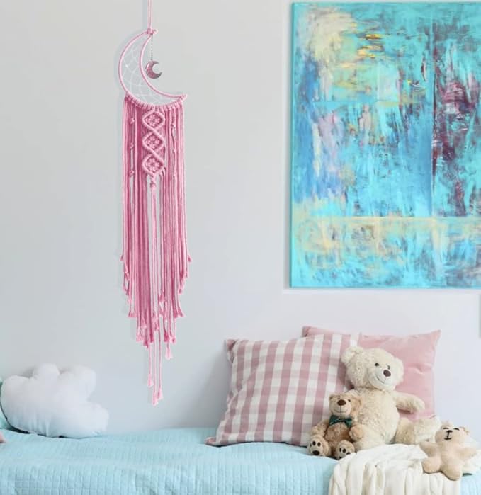 Dream Catchers Pink Dream Catcher for Girls Bedroom Wall Decor for Women, Moon Dream Catcher with Light, Macrame Dreamcatcher Boho Room Decor for Teen Girls Birthday Gifts for Women Bedroom Decor
