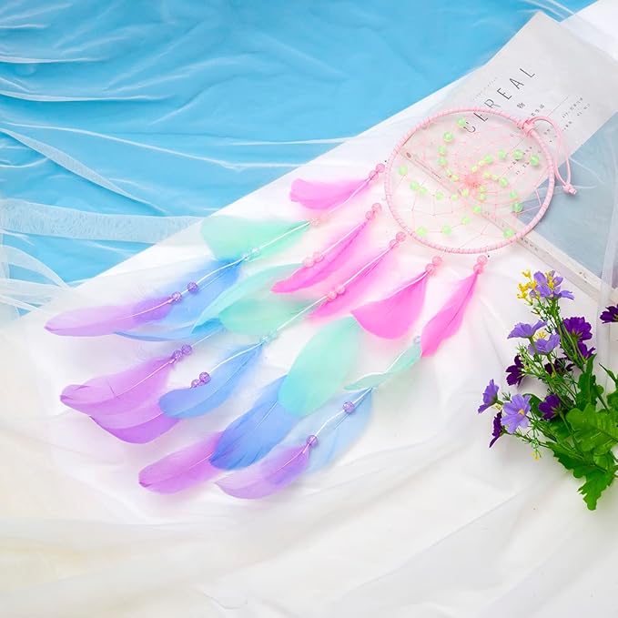 Luminous Dream Catchers for Girls, Handmade Pink Feather Native Wall Decoration