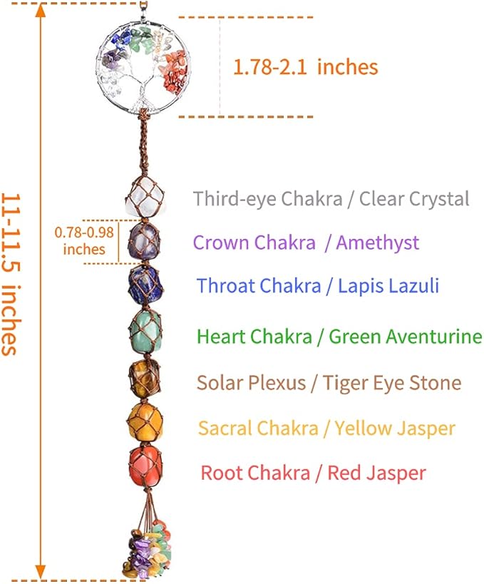 Handmade Crystal Window Car Hanging Ornaments 7 Chakra Home Decoration Feng Shui Ornament Yoga Meditation Car Decoration Tumbled Palm Stones (7 Chakras Tree)