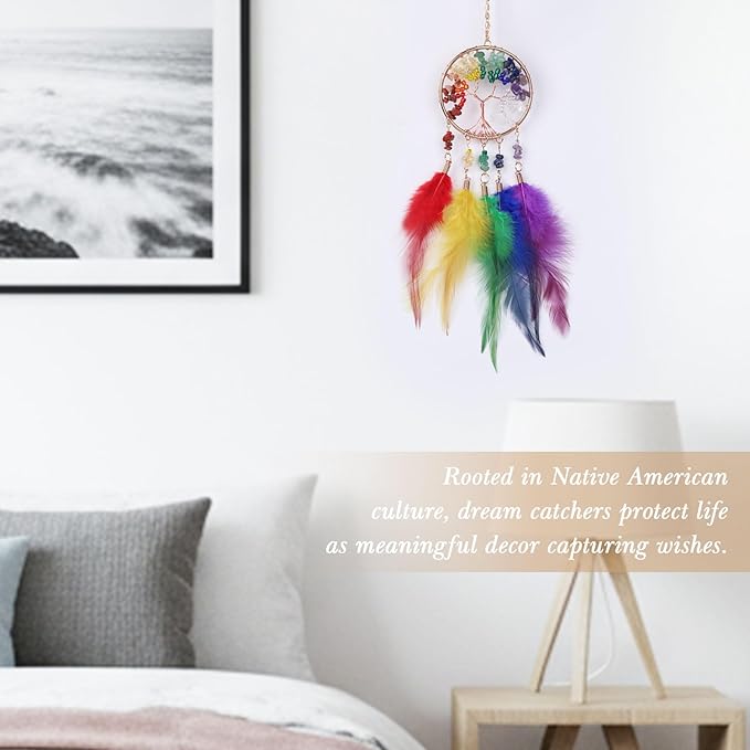 Pretty Jolly Small Tree of Life Crystal Stone Dream Catchers Rainbow Feathers Mini Dreamcatchers for Cars Rear View Mirror Hanging Decoration Good Luck Travel Charm Bedroom Ornaments for Women Girls