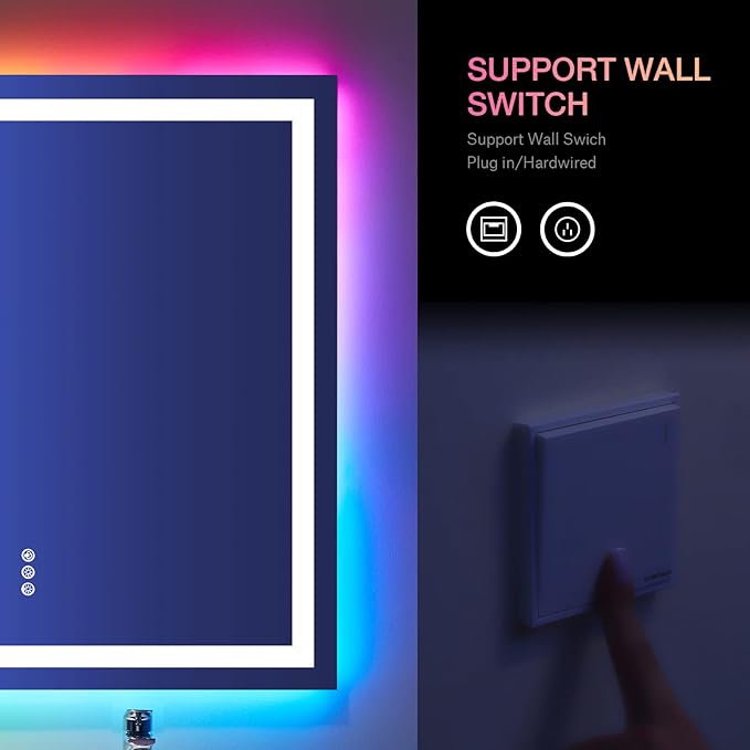 LOAAO 28"X32" LED Bathroom Mirror with Lights, Anti-Fog, Dimmable, RGB Backlit + Front Lighted, Bathroom Vanity Mirror for Wall, Memory Function