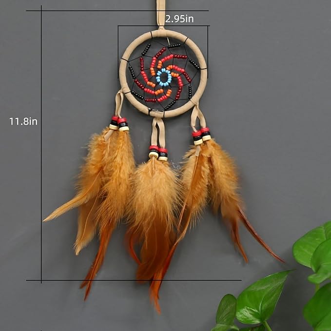 Handmade Dream Catchers Wall Decor,Boho Feather Dreamcatcher with Natural Elements,Unique Home Decor Gift for Bedroom, Living Room (Light Coffee Color 11.8in)
