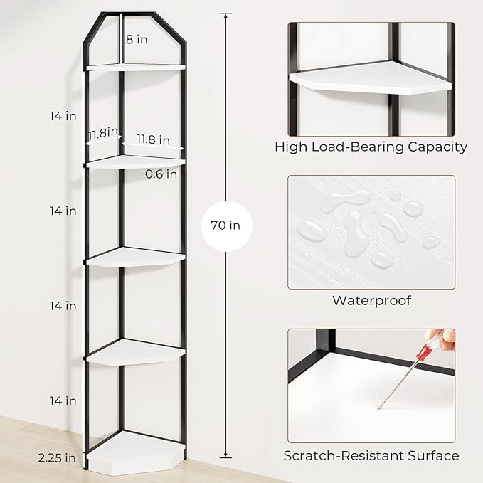 5 Tier Corner Wall Shelf Stand, 70" Metal Corner Shelves Bookshelf Display Shelf for Living Room Decor, Tall Plant Stand Multi Unit Organizer, Standing Shelf for Bedroom,Bathroom,Small Space (White)