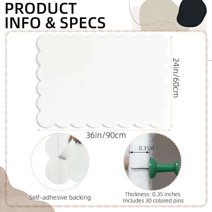 Scalloped White Felt Bulletin Board 36x24 Inches - Self-Adhesive Foldable, with 30 Pushpins, Cork Board Alternative - Decorative Pin Board for Wall, Home, Office & School