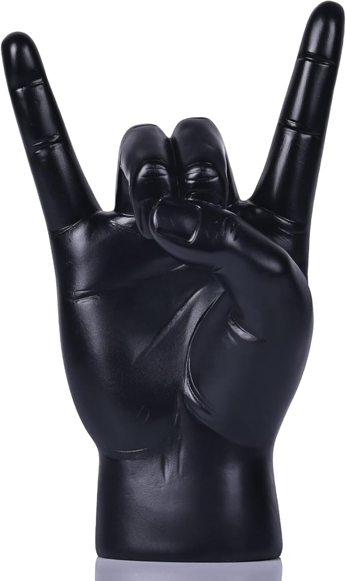 QIANLING 7.7" Black Resin Rock On Hand Gesture Statue - Rock Culture Music Lovers' Decorative Tabletop Sculpture for Bookshelf, Desk & Mantel Decor in Home or Office, Modern Symbolic Figurine