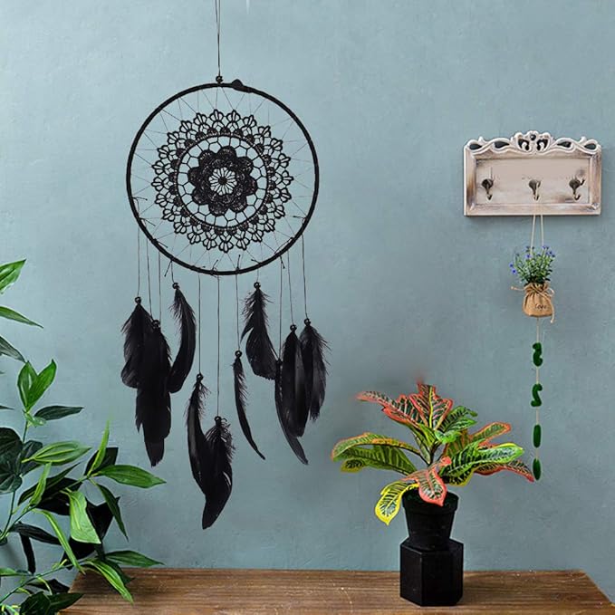 Dream Catcher, Wall Mounted Dream Catcher Feathered Dream Catcher Handmade Dream Catcher Black Boho Bedroom Dream Catcher
