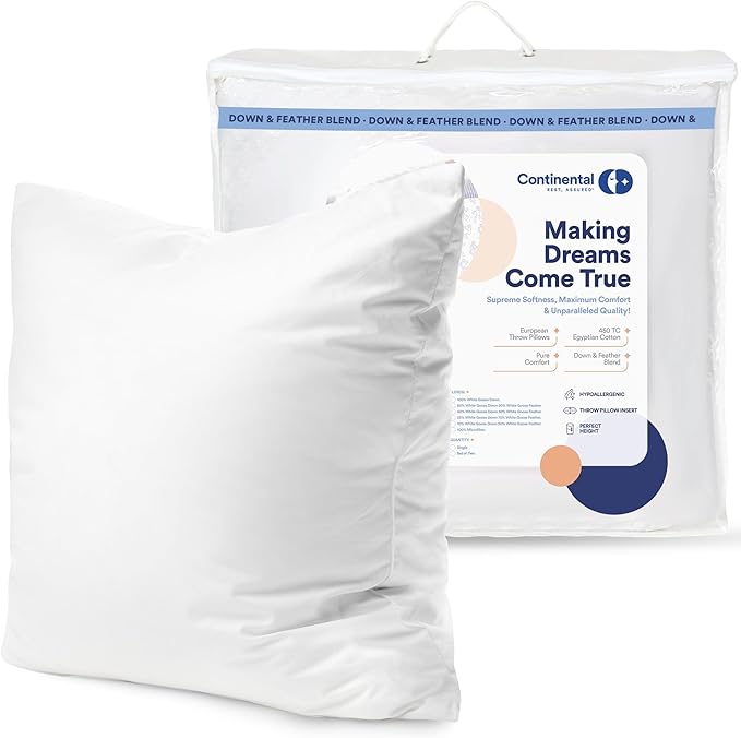Continental Bedding Throw Pillow Inserts - 24x24, 80% White Goose Down & 20% Feather Fill - Soft Decorative Euro Pillows for Couch, Bed, Sofa & Living Room - Luxurious Comfort & Support