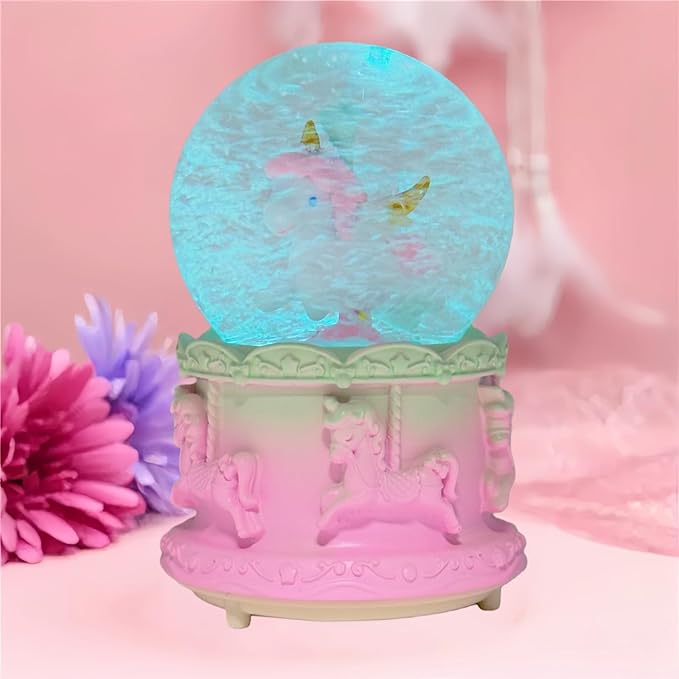 Unicorn Snow Globes,Pink Music Snowglobes with LED 7 Colors Lights,Automatic Snow Fall Effect,Home Decor for Kids Room Essentials,Christmas and Birthday Gifts for 3-15 Year Old Girl (Pink)