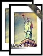 100% Solid Wood 11x17 Picture Frame Set of 2, Black Frame Display Photo 8 x 12 with Mat or 11 x 17 without Mat, 11by17 HQ Matte Black Frame for Wall - 2 Pack/Black/11 x17
