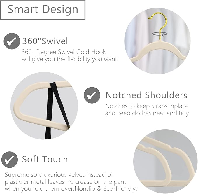 MIZGI Premium Velvet Hangers Pack 50 Pcs Heavyduty - Non Slip Slimline - Velvet Suit Hangers Ivory - Gold Hooks,Space Saving Clothes Hangers …
