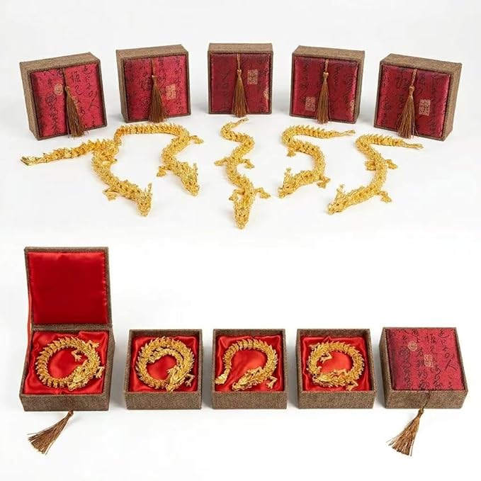 LIYAOLI 5 Pcs 3D Golden Dragon Decor, 9inch Chinese Dragon Sculpture, Hand-Polished Metallic Finish Art Piece, Zen Office Desk Decor, Premium Collectible Display