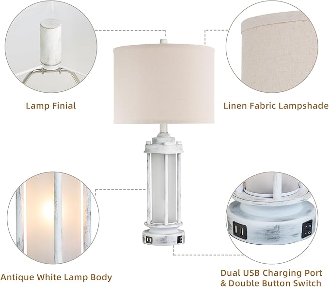 AIEAMPDO 25" Rustic Table Lamps Set of 2, Vintage Nightstand Lamps with 2 USB Ports, Farmhouse Antique White Desk Lamp with Glass Night Light for Living Room Bedroom Dorms, 4 Bulbs Included