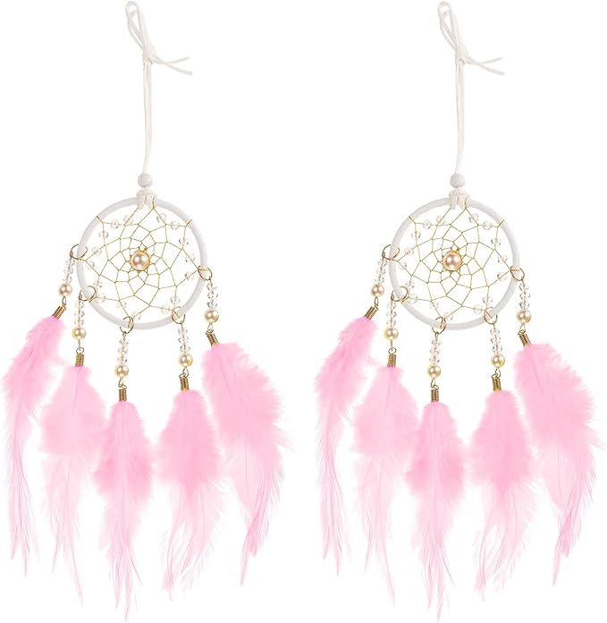 uxcell 2pcs Dream Catchers, Small Handmade Feather Dreamcatcher Supplies Car Charm with Crystal Beads Wall Hanging Decor for Home Car Decoration Ornament Women Friend Gift, Pink