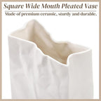 Crinkle Paper Bag Ceramic Vase, 7.8 Inch Square Wide Mouth Pleated Planter, Unique White Matte Vase, Minimalist Boho Pot for Flower Arrangement Table Centerpiece Home Office Bookshelf Decor