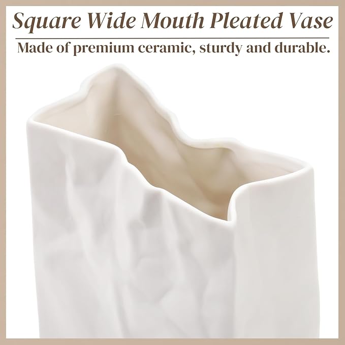 Crinkle Paper Bag Ceramic Vase, 7.8 Inch Square Wide Mouth Pleated Planter, Unique White Matte Vase, Minimalist Boho Pot for Flower Arrangement Table Centerpiece Home Office Bookshelf Decor