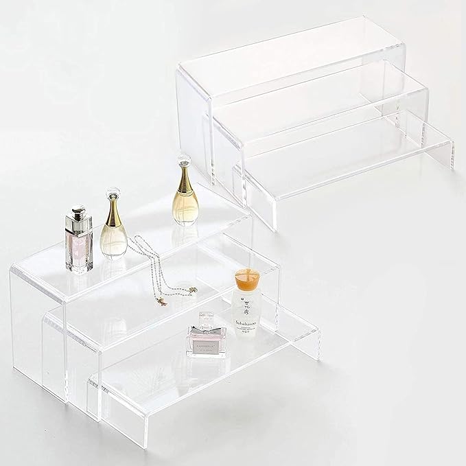 ANDGOO Display Risers, 6 Pcs(7.9”L~8.3”L~8.7”L) Rectangular Clear Acrylic Showcase Collectibles Display Stands Suitable for Retail Shoe Showcase Jewelry Funko Pop Figures