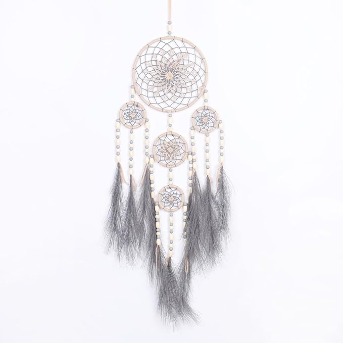 Pretty Jolly Grey Pampas Grass Dream Catchers Wall Decor with Handmade Large Native Americans Witch Dreamcatcher with Wood Beads for Adults Bedroom Wedding Garden Bless Birthday Gift-5 Rings