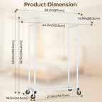 Double Rods Clothes Rack, Rolling Clothing Rack for Hanging Clothes Portable Wardrobe Rack, Metal Garment Rack Sturdy Coat Rack for Bedroom Laundry Living Room, White