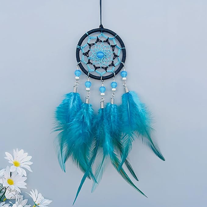 Rear View Mirror Accessories Small Dream Catcher for Car, Turquoise Blue Mini Dreamcatcher for Rearview Mirror Hanging