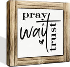 Inspirational Box Signs, Farmhouse Desk Sign Decor, Christian Home Office Decor, Shelf Decoration, Encouragement Gift for Him Her, Pray Wait Trust Sign, 5.9×5.9 inches