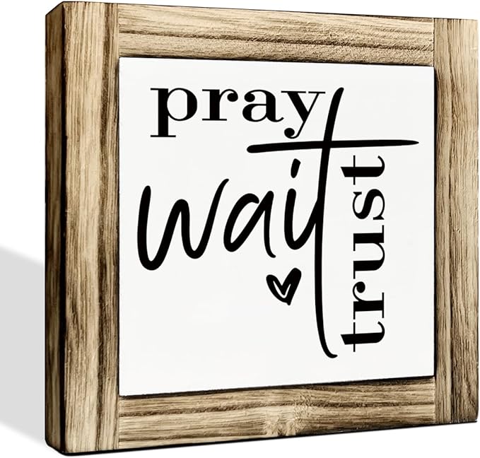 Inspirational Box Signs, Farmhouse Desk Sign Decor, Christian Home Office Decor, Shelf Decoration, Encouragement Gift for Him Her, Pray Wait Trust Sign, 5.9×5.9 inches