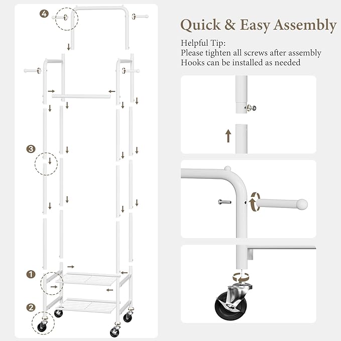 Chrislley Clothes Rack with Wheels, 71" Portable Clothing Rack with 2 Shelves and 4 Hooks, Small Rolling Garment Rack, 4 Hanging Rods Metal Coat Rack for Bedroom, Apartment, Entryway, White