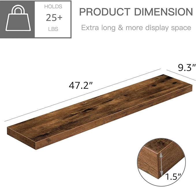 QEEIG Floating Shelves for Wall 47.2" Extra Long - Wall Shelf Bathroom Kitchen Living Room Bedroom Farmhouse Home Decor Display Bookshelf Large 47.2 x 9.3 inch Set of 2, Rustic Brown (008-120BN)