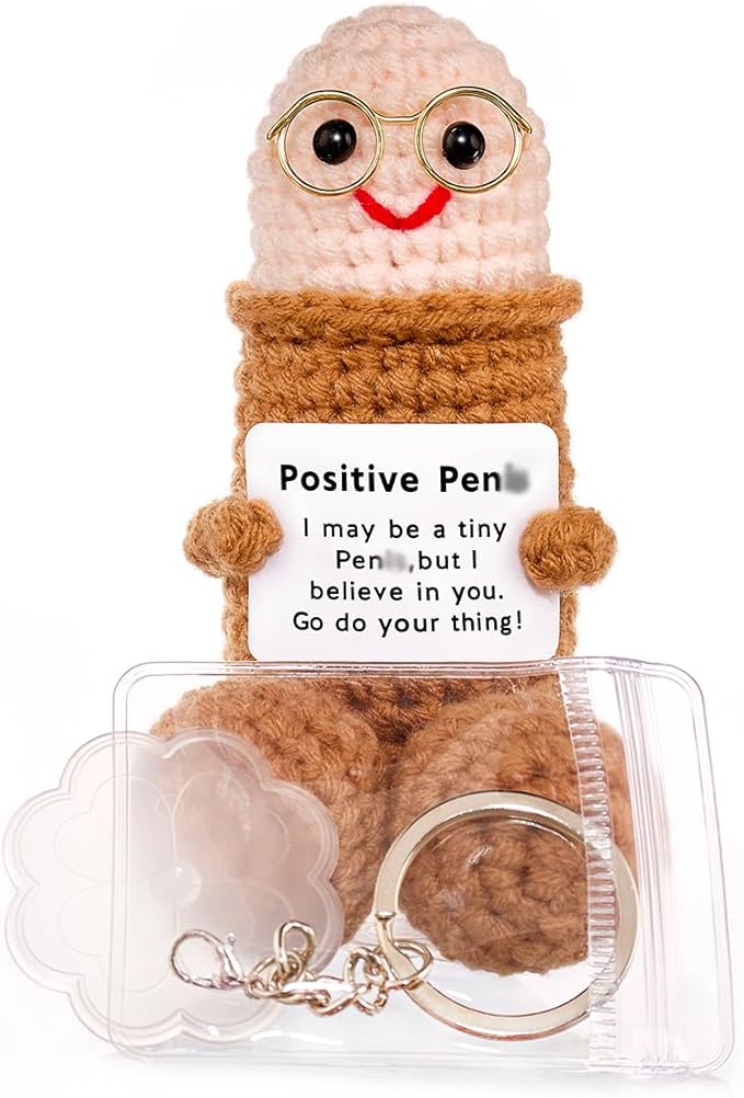 Handmade Positive Crochet Gift with Emotional Support Message Card, Funny Desk Decor Novelty Gift for Women, Boyfriend, Husband, Men, Friends, Coworker(Brown Doll-1pcs)