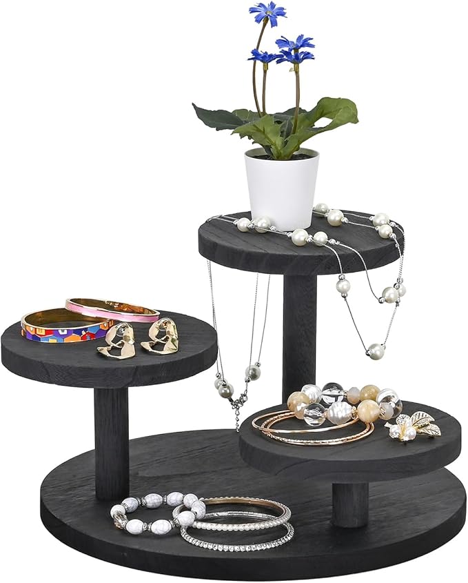 Ikee Design 3-Tier Wooden Display Riser for Jewelry, Wooden Jewelry and Figurine Display Risers, Wood Riser for Decor, Multilevel Stand for Action Figures and Home Decor, Black Color