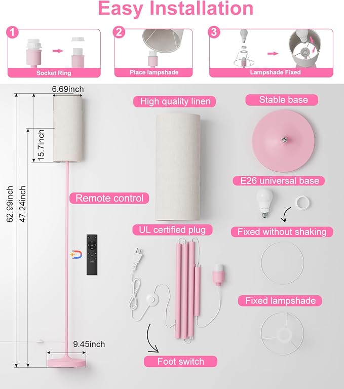 luckystyle LED Floor Lamp for Living Room, Dimmable Tall Lamps with Foot Switch,Remote Custom Color Temperature Pink Pole Lamp with Lampshade,12W Led Bulb Standing Lamps for Bedroom Office Kid Room