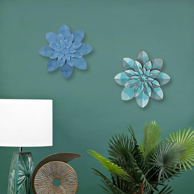 Ocean Blue Metal Flower Wall Art Decor, 9.5" Rustic Modern Floral Sculpture, Distressed Hanging Home Decoration Accent Artworks for Indoor Bedroom Living Room Office Outdoor Garden Patio