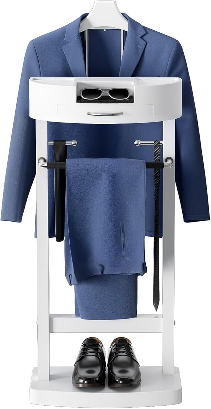 Wood Valet Stand with Tray, Clothes Valet Stand for Men, Suit Valet Stand with Sturdy Base, for Entryway, Bedroom, Office 17x13.4x41.96in