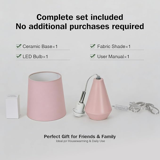 Small Bedside Table Lamp for Bedroom - Reading Desk Lamp with 3 Color Temperatures，15.5" Nightstand Ceramic Lamp with Fabric Shade for Kids Room,Living Room,Dorm,Home Office (Pink)