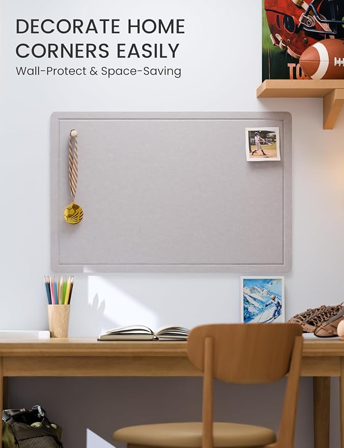 Fluxynara Bulletin Board,35.4" x 23.6" Cork Board Alternative with 12 Safe Removable Adhesive Tabs, Foldable Felt Pin Board for Home Office, Classroom, Bedroom,Entryway for Walls—Soft Gray