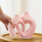 Pink Heart Shaped Ceramic Vases Set of 2, Modern Nordic Minimalist Flower Vases for Home Decor, Hollow Aesthetic Vases for Living Room, Shelf, Table, Office and Wedding Centerpieces