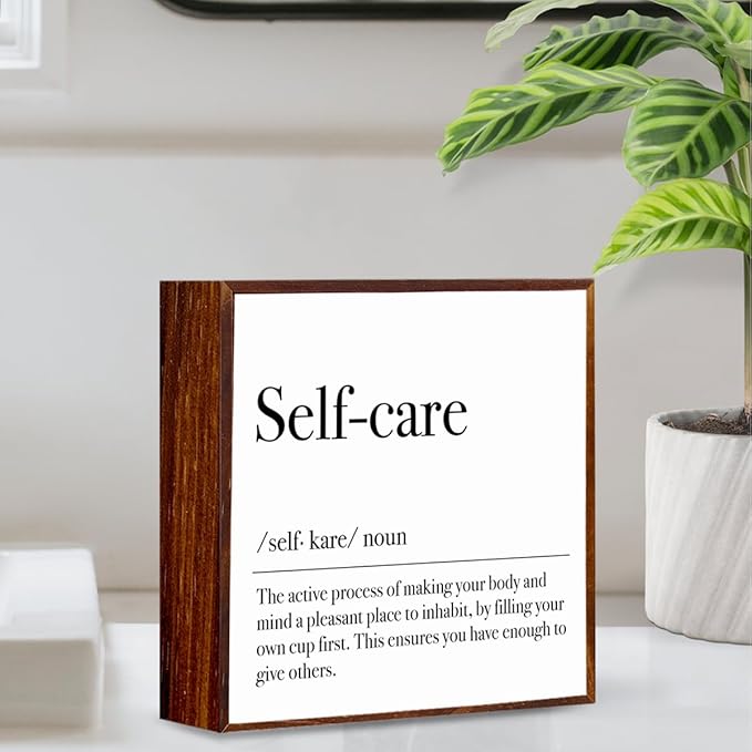 Self Care Definition Spa Decor for Spa room. Inspirational Wooden Box Sign Mental Health Rustic Office Desk Decorations Wood Plaque Home Shelf Table Decor Self Care Must Haves.