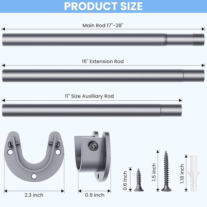 Closet Rods for Hanging Clothes, 17 to 69 Inches No-Cut Stepless Adjustable Closet Rod, 1.3 Inches Expandable Metal Heavy Duty Closet Hanging Rod for Closet Wardrobe Bathroom Laundry RV, Silver