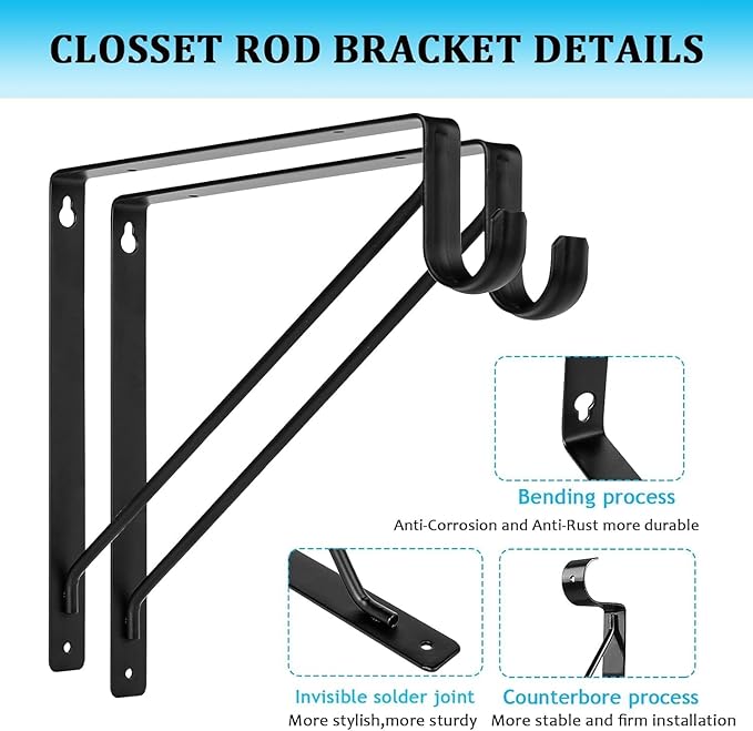 10PCS Heavy Duty Closet Rod Bracket, 11 x 11 Inch Closet Shelf Brackets,Supports 300 lbs,Wall Mount Closet Rod Supports Bracket Hook with Screws, Closet Rod Holders for Home and Closet Decor(Black)