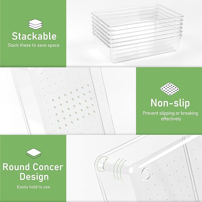 8 PCS Clear Plastic Drawer Organizer Tray, Acrylic Vanity Bathroom Drawer Organizers Trays, Small Desk Drawer Organizer Bins for Cosmetic, Makeup, Kitchen, Office, Drawer Divider Organization