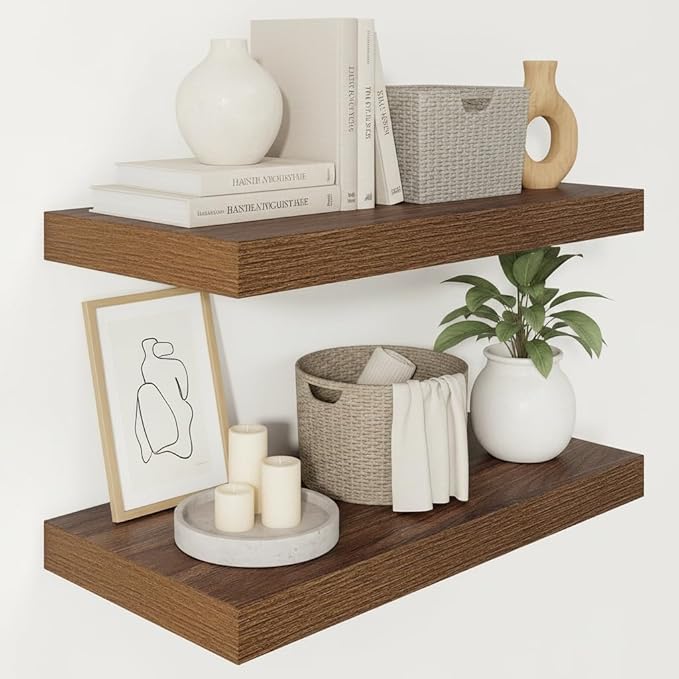 Vivelove 12 Inch Deep Floating Shelves for Wall, 24" X 12" X 2" Floating Shelf, 2 Inch Thick Shelf for Bathroom Bedroom Kitchen Book Room, Modern Farmhouse Decor Set of 2, Walnut