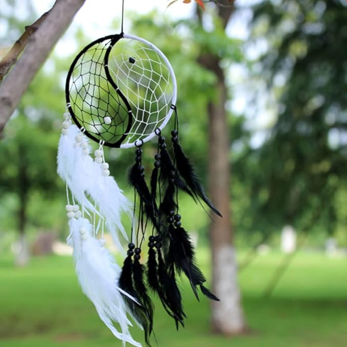 Yahpetes Dream Catcher 19.7" Feather Chandelier Ornaments Handmade Indian Wall Decoration Interior Rearview Pendant Charm Car Hanging with Feathers Beads (Black and White)