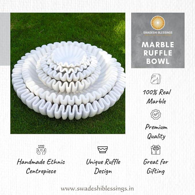 SWADESHI BLESSINGS HandCrafted Marble Ruffle Bowl/Antique Scallop Bowl/Fruit Bowl/Vintage Ring Dish/Decorative Flower Dish/HouseWarming Gift/Wedding Gifts/Urli (8 Inches)