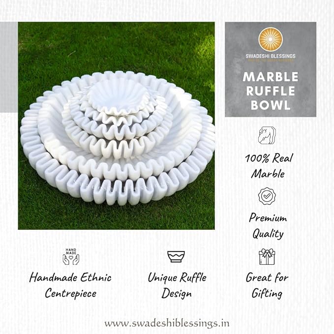 SWADESHI BLESSINGS HandCrafted Marble Ruffle Bowl/Antique Scallop Bowl/Fruit Bowl/Vintage Ring Dish/Decorative Flower Dish/HouseWarming Gift/Wedding Gifts/Urli (7 Inches)