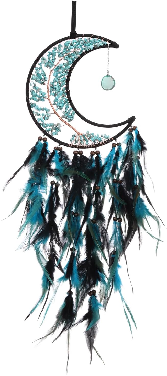 PATIKIL Crystal Life of Tree Dream Catcher, 28 Inch Feather Handmade Moon Dream Catcher with Gemstone Agate Stone Wall Hangings Decor for Home Wedding Bedroom Living Room, Blue Green Black